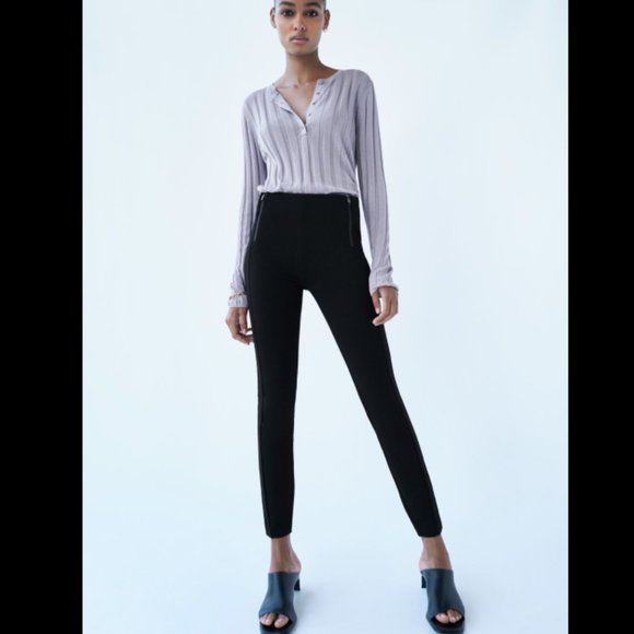 ZARA STRETCH BLACK ZIPPERED MID-RISE LEGGING PANT TROUSERS - Picture 7 of 9